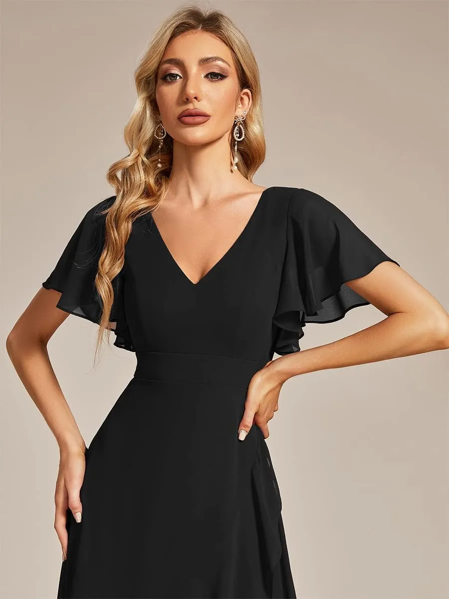 Ever-Pretty Women's Double V Neck A Line Ruffle Hem Backless High Low Chiffon Bridesmaid Dresses 01749