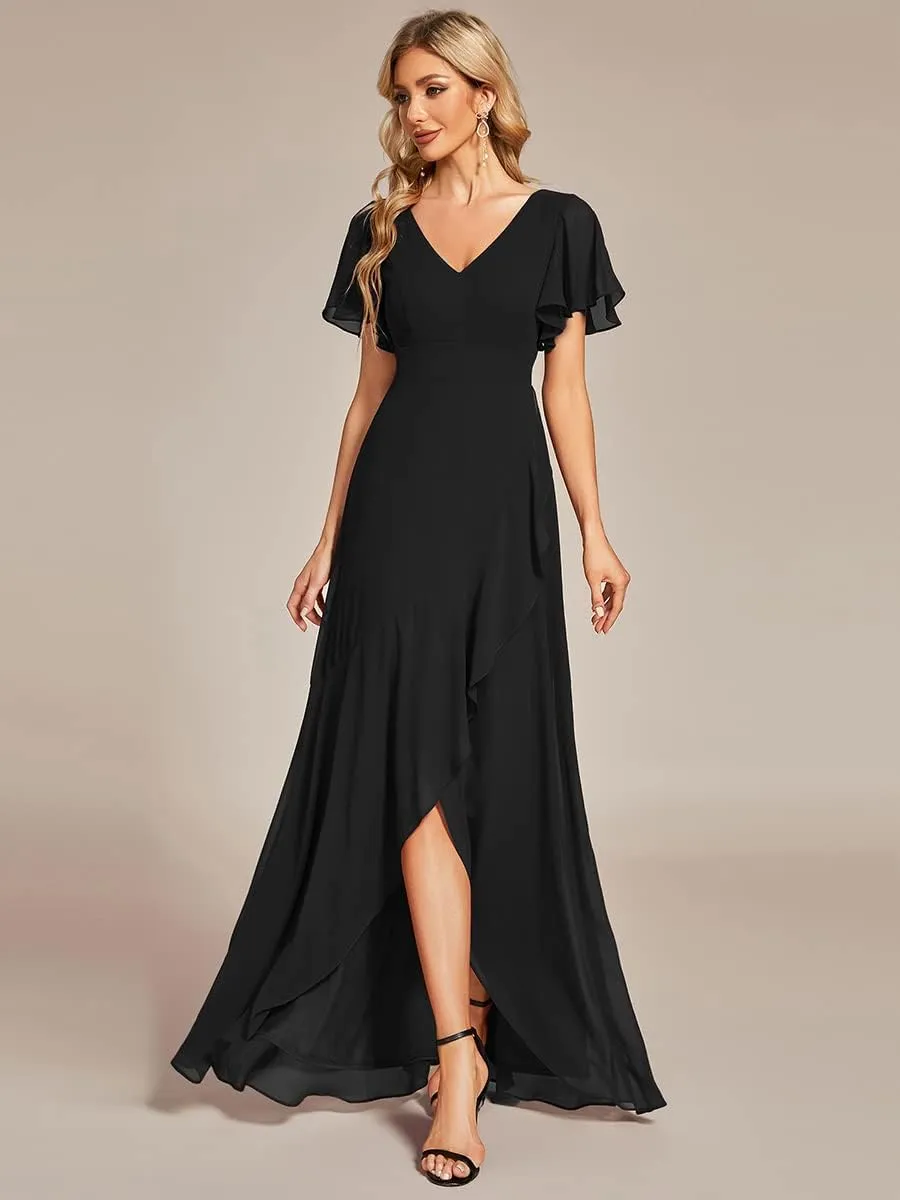 Ever-Pretty Women's Double V Neck A Line Ruffle Hem Backless High Low Chiffon Bridesmaid Dresses 01749