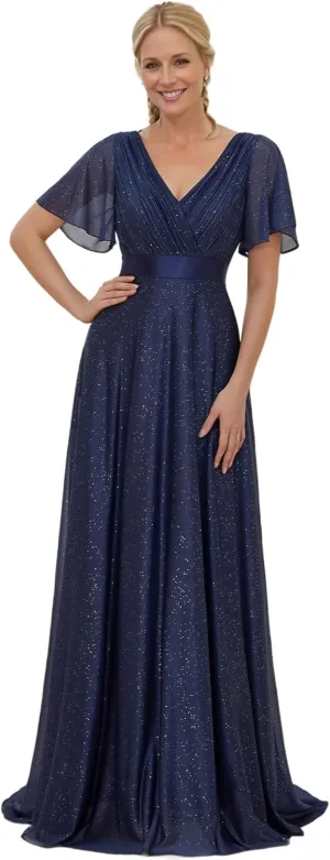 Ever-Pretty Womens Evening Dresses V Neck Short Sleeves A-line Glitter Formal Dresses 50159