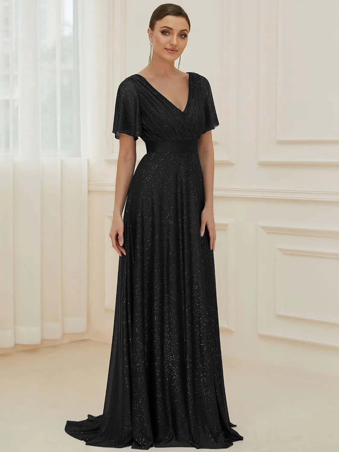 Ever-Pretty Womens Evening Dresses V Neck Short Sleeves A-line Glitter Formal Dresses 50159