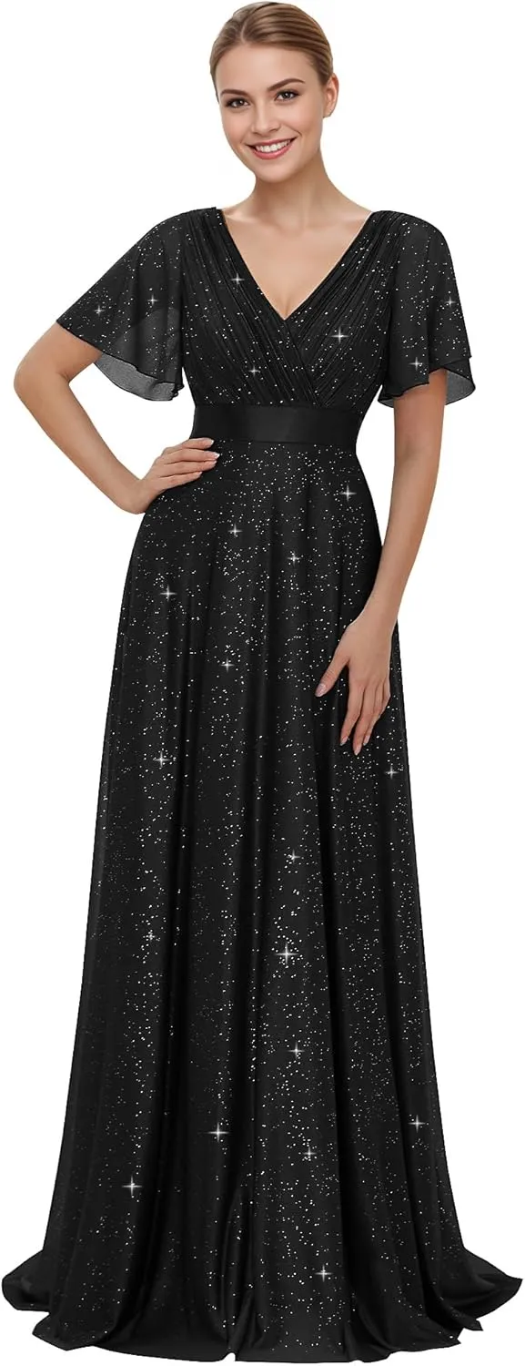Ever-Pretty Womens Evening Dresses V Neck Short Sleeves A-line Glitter Formal Dresses 50159