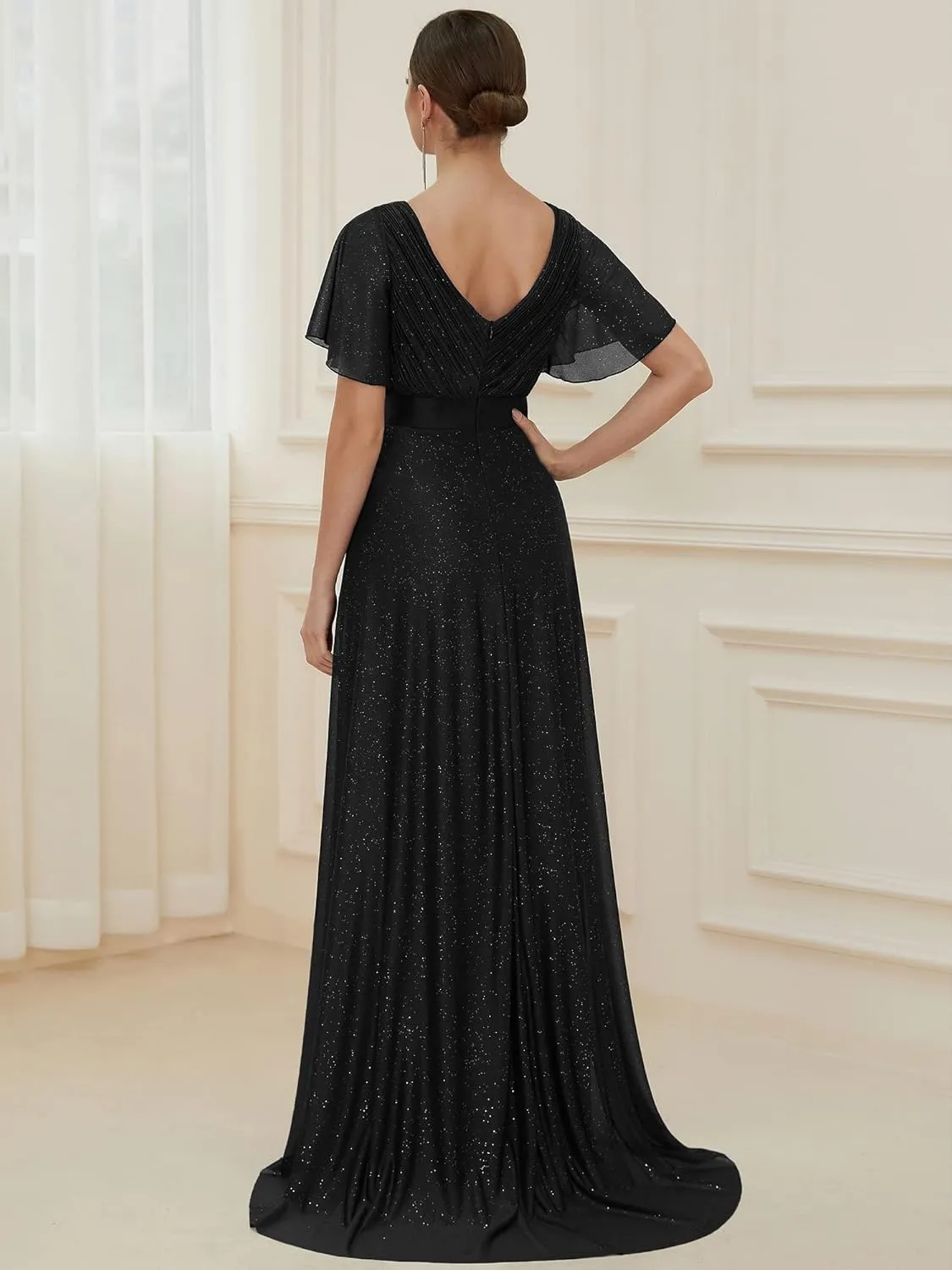 Ever-Pretty Womens Evening Dresses V Neck Short Sleeves A-line Glitter Formal Dresses 50159