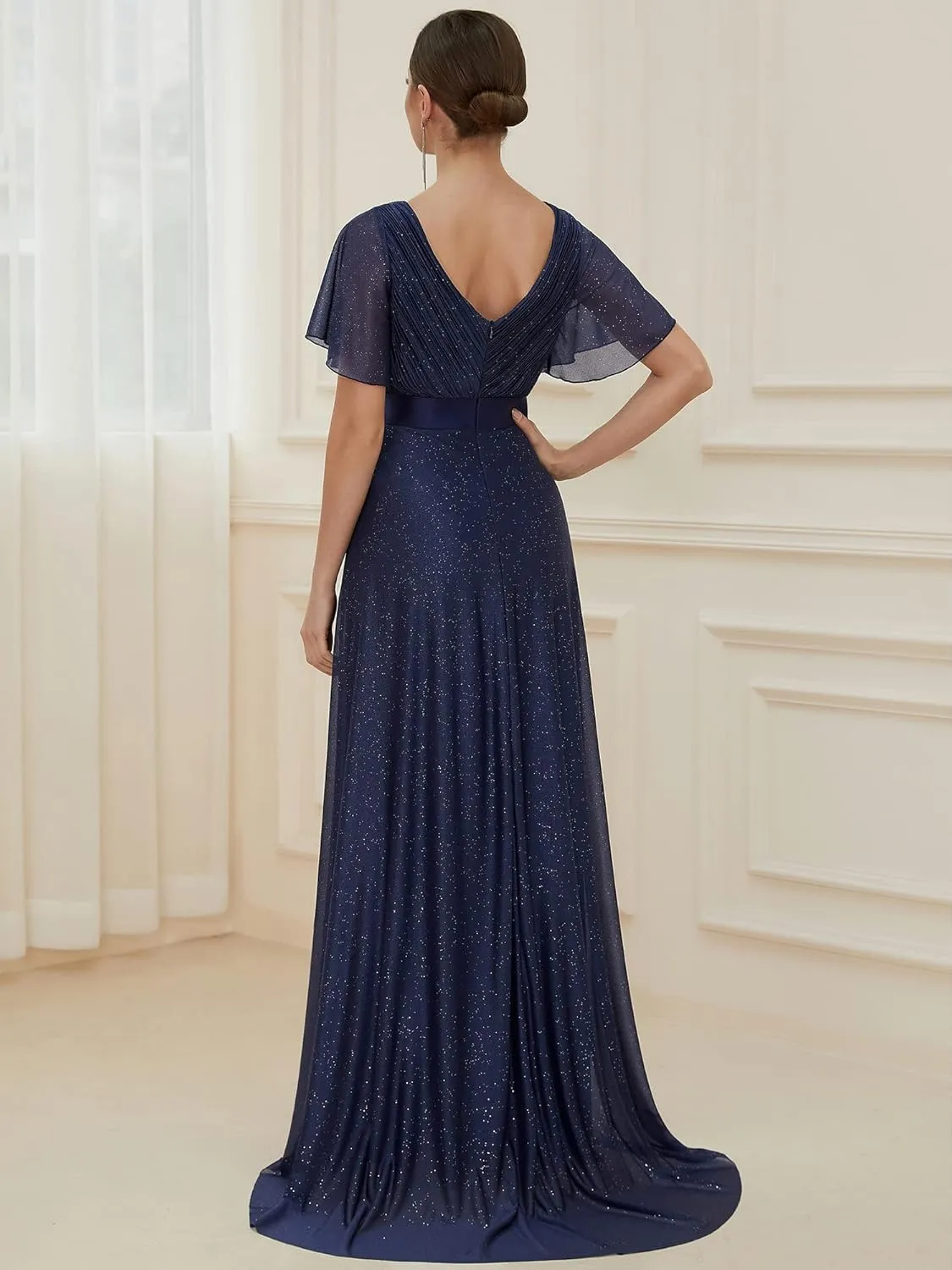 Ever-Pretty Womens Evening Dresses V Neck Short Sleeves A-line Glitter Formal Dresses 50159