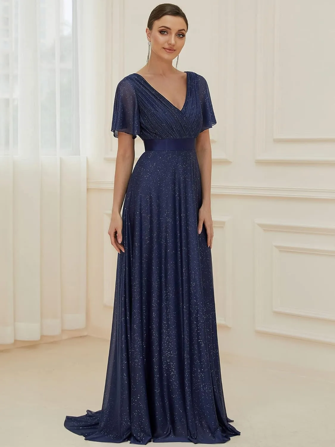 Ever-Pretty Womens Evening Dresses V Neck Short Sleeves A-line Glitter Formal Dresses 50159