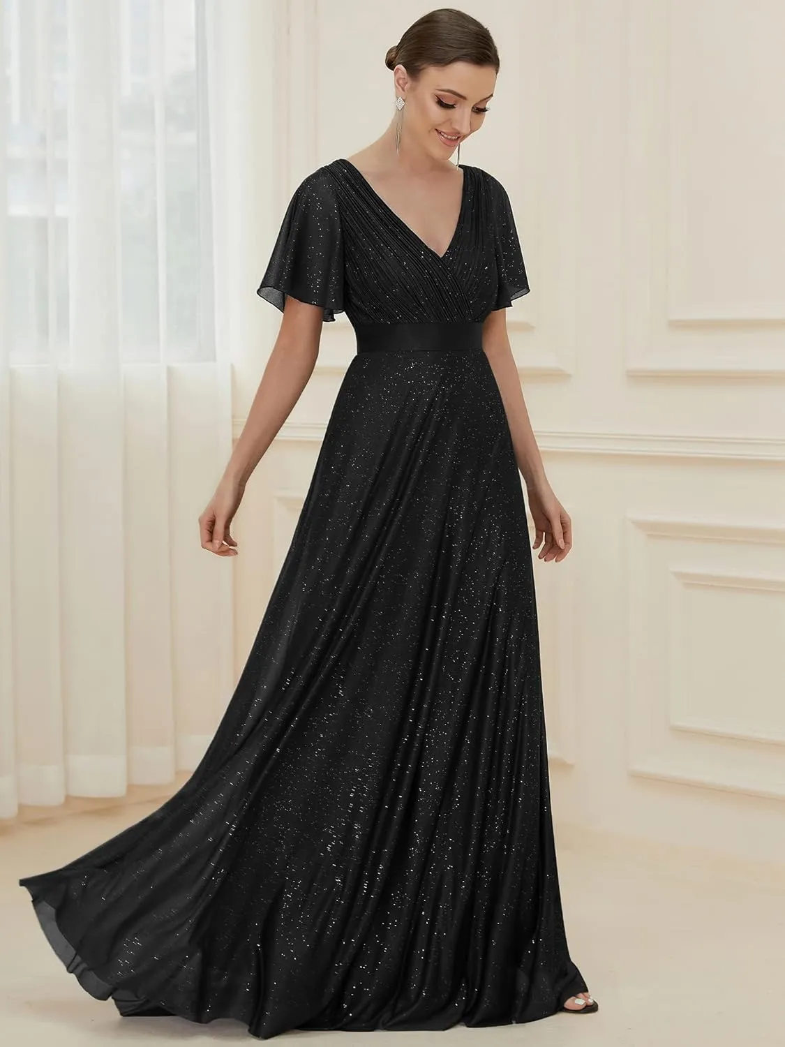 Ever-Pretty Womens Evening Dresses V Neck Short Sleeves A-line Glitter Formal Dresses 50159