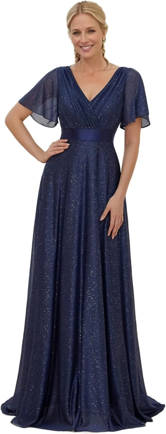 Ever-Pretty Womens Evening Dresses V Neck Short Sleeves A-line Glitter Formal Dresses 50159