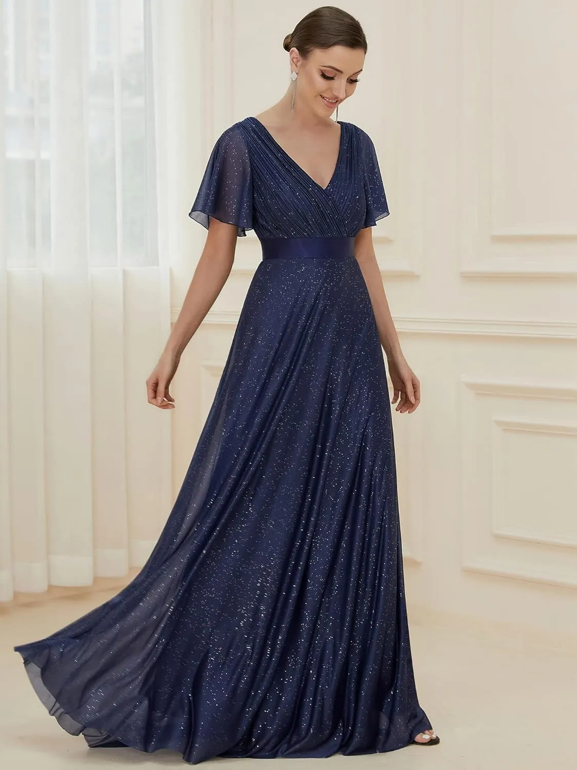 Ever-Pretty Womens Evening Dresses V Neck Short Sleeves A-line Glitter Formal Dresses 50159
