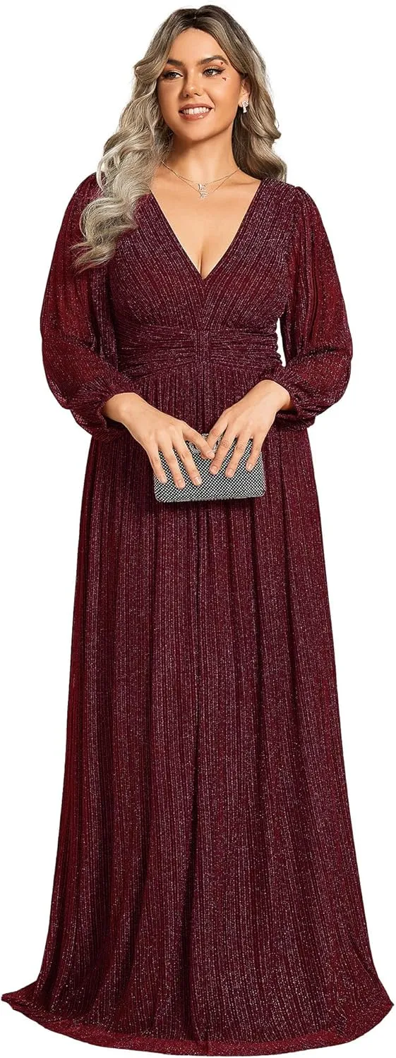 Ever-Pretty Women's Glitter Long Sleeves V Neck Pleated Empire Waist Floor Length Plus Size Ball Gown Formal Dresses 01961-DA