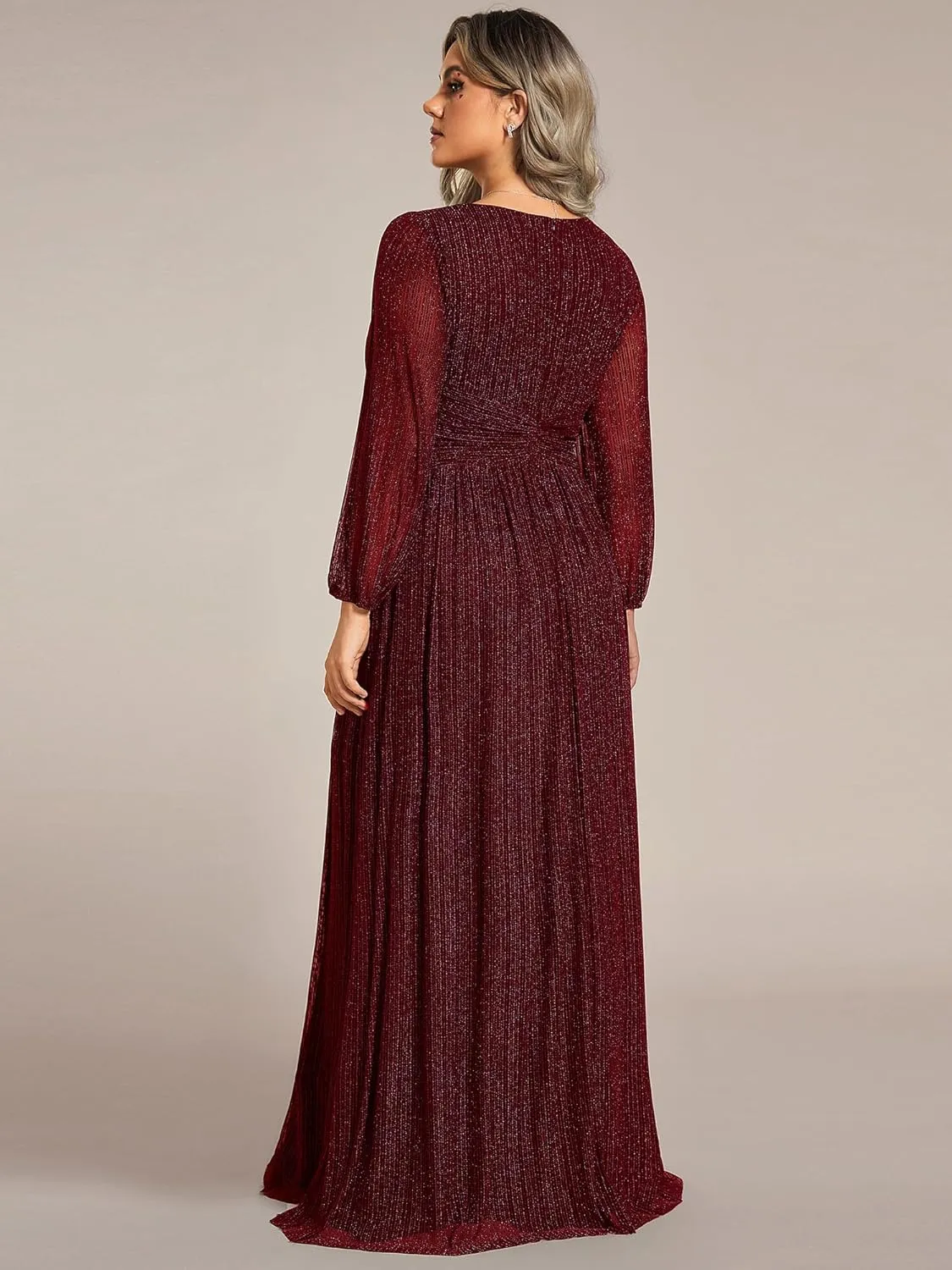 Ever-Pretty Women's Glitter Long Sleeves V Neck Pleated Empire Waist Floor Length Plus Size Ball Gown Formal Dresses 01961-DA
