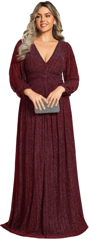 Ever-Pretty Women's Glitter Long Sleeves V Neck Pleated Empire Waist Floor Length Plus Size Ball Gown Formal Dresses 01961-DA