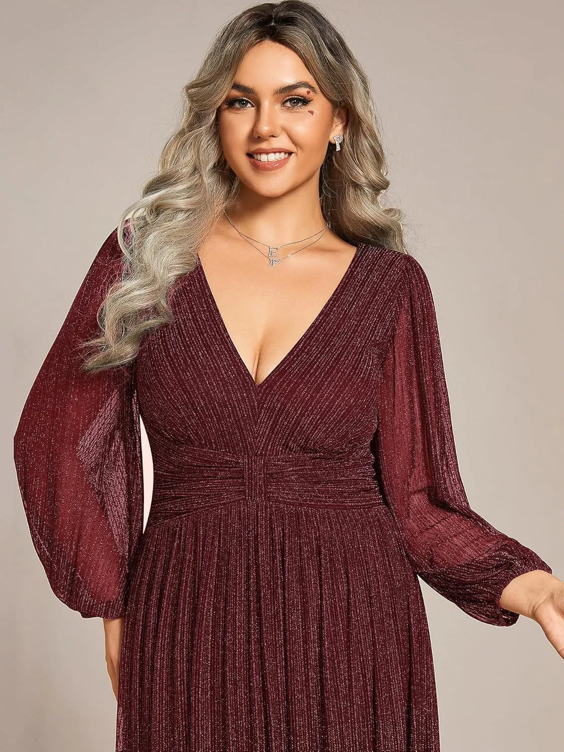 Ever-Pretty Women's Glitter Long Sleeves V Neck Pleated Empire Waist Floor Length Plus Size Ball Gown Formal Dresses 01961-DA