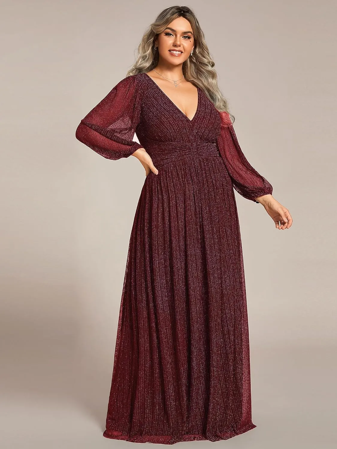 Ever-Pretty Women's Glitter Long Sleeves V Neck Pleated Empire Waist Floor Length Plus Size Ball Gown Formal Dresses 01961-DA