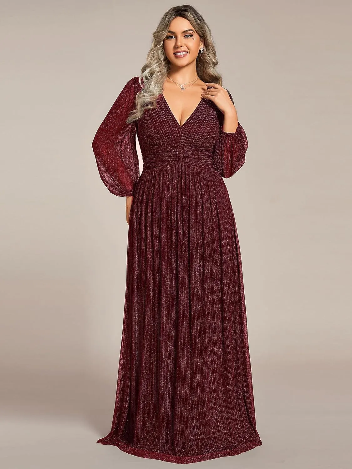 Ever-Pretty Women's Glitter Long Sleeves V Neck Pleated Empire Waist Floor Length Plus Size Ball Gown Formal Dresses 01961-DA