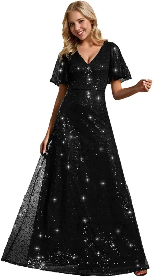 Ever-Pretty Women's Sequin A-Line V Neck Beaded Formal Evening Gowns