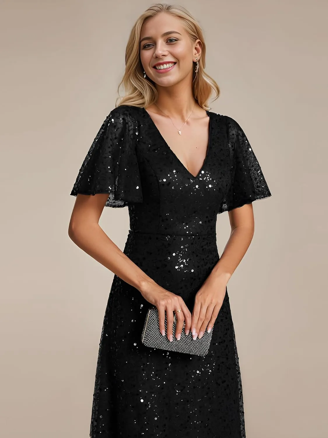 Ever-Pretty Women's Sequin A-Line V Neck Beaded Formal Evening Gowns