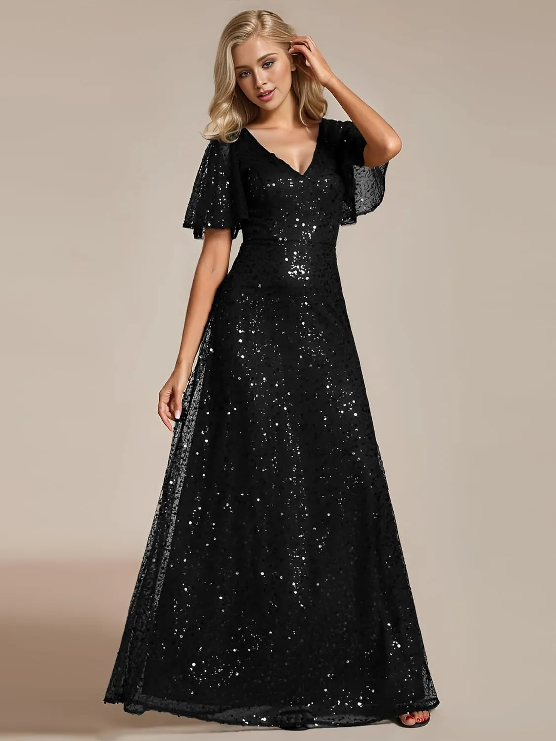 Ever-Pretty Women's Sequin A-Line V Neck Beaded Formal Evening Gowns