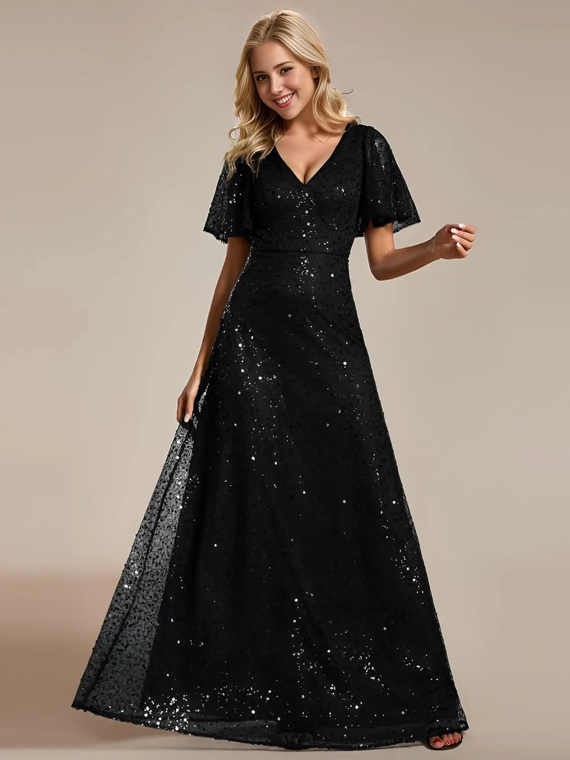 Ever-Pretty Women's Sequin A-Line V Neck Beaded Formal Evening Gowns