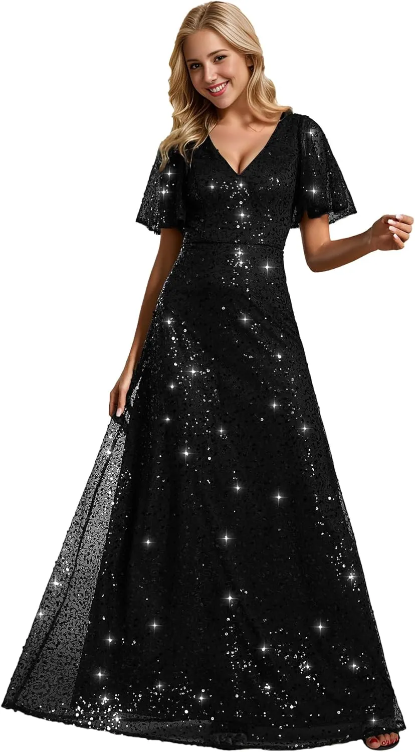 Ever-Pretty Women's Sequin A-Line V Neck Beaded Formal Evening Gowns