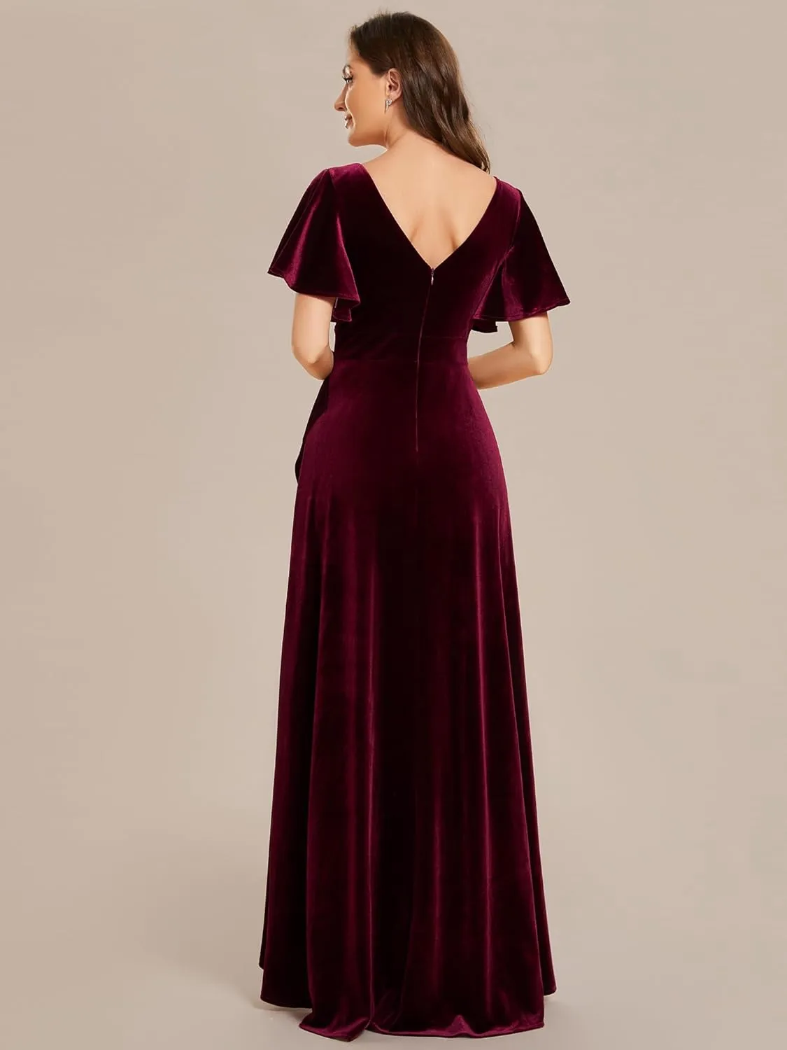 Ever-Pretty Women's Velvet Ruffle Sleeve V-Neck Wrap Waist Maxi Dress High Low Wedding Guest Dresses 02041