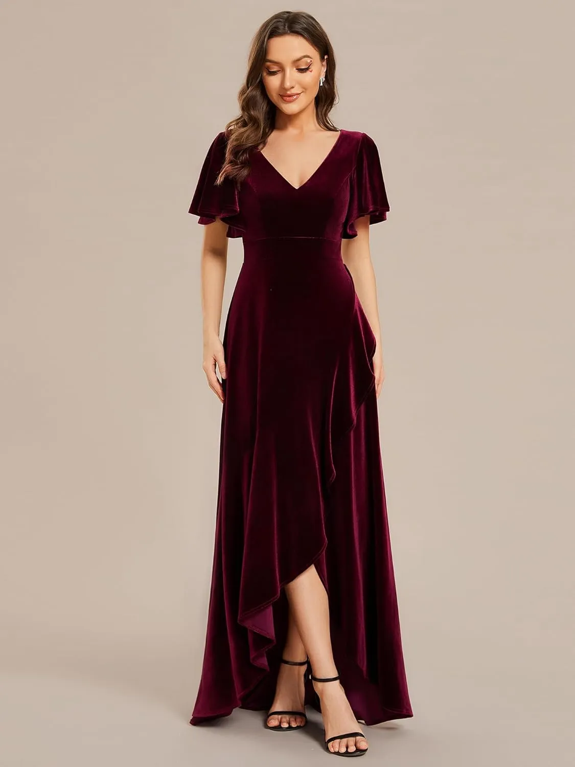 Ever-Pretty Women's Velvet Ruffle Sleeve V-Neck Wrap Waist Maxi Dress High Low Wedding Guest Dresses 02041