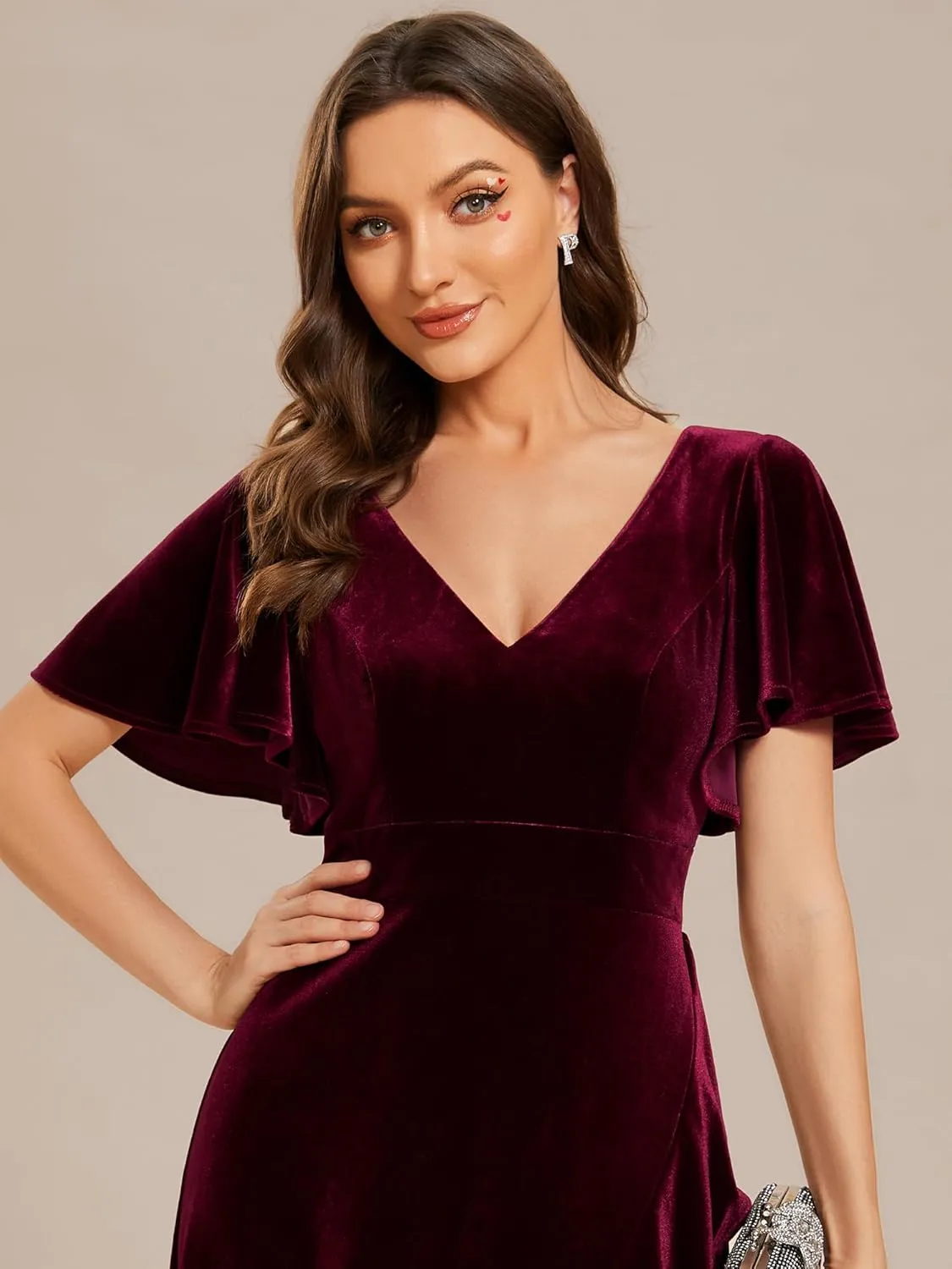 Ever-Pretty Women's Velvet Ruffle Sleeve V-Neck Wrap Waist Maxi Dress High Low Wedding Guest Dresses 02041