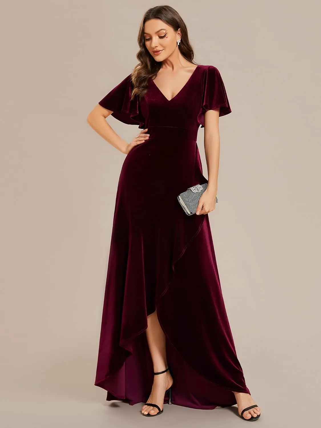 Ever-Pretty Women's Velvet Ruffle Sleeve V-Neck Wrap Waist Maxi Dress High Low Wedding Guest Dresses 02041