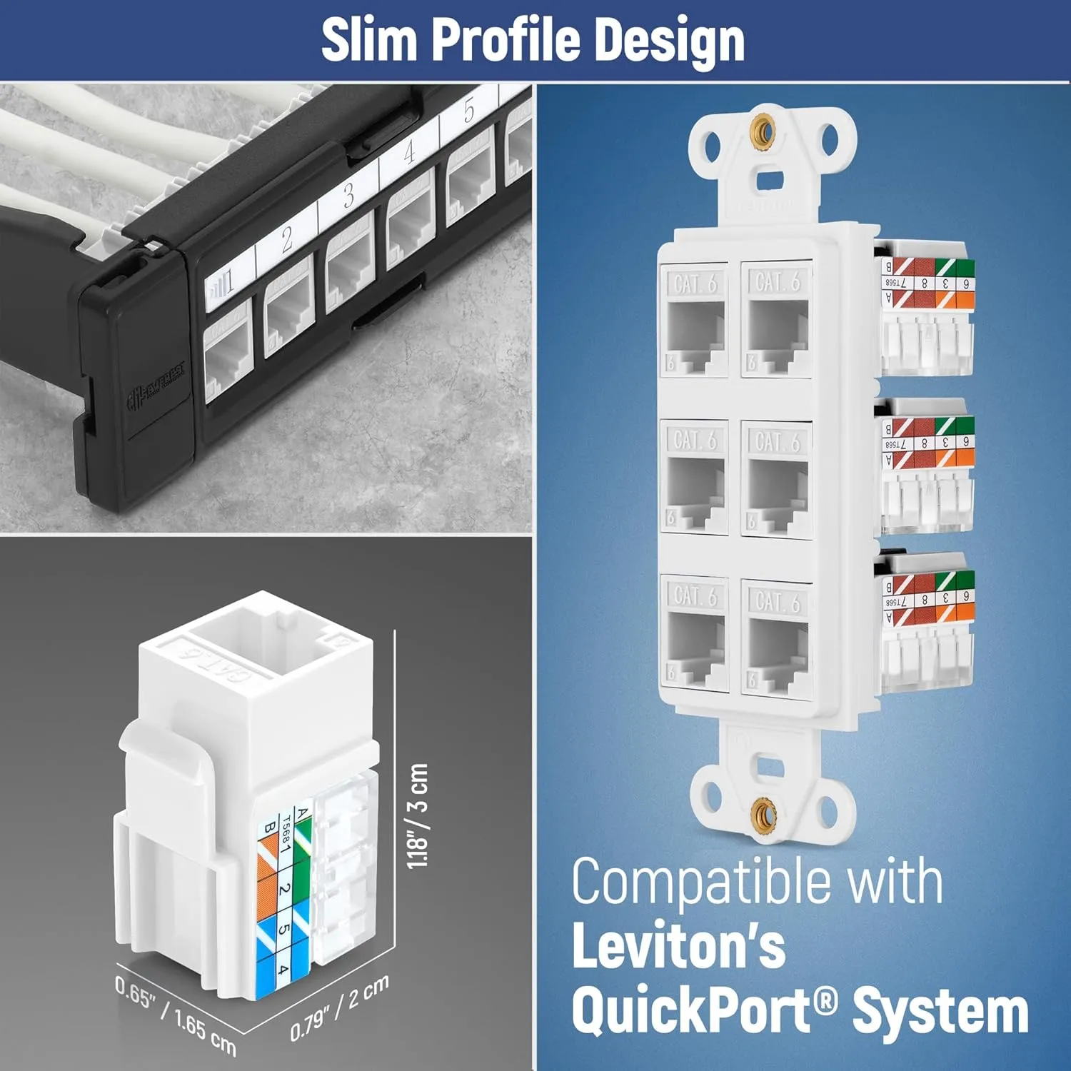 Everest 90° Angled RJ45 Cat6 Keystone Jacks 50-Pack in White - Slim Profile Female RJ45 Connectors - Cat 6 Keystone Jack - Compatible with 90° Angled Speed Termination Tool - easyJACK (B094WB91H3)