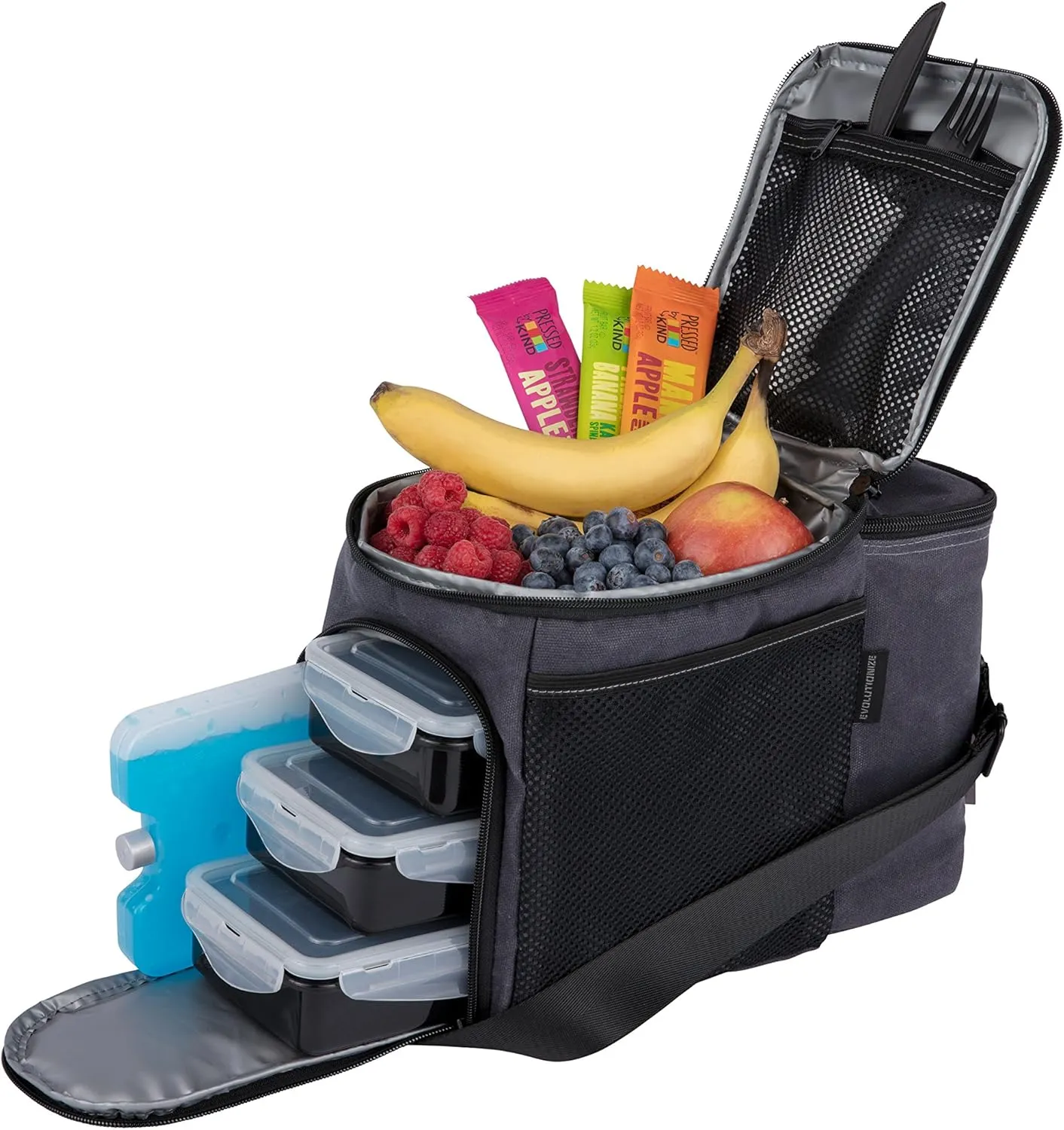 Evolutionize Meal Prep Bag - Full Meal Prep Lunch Box Management System includes Portion Control Meal Prep Containers   Ice Pack (3 Meal Insulated Cooler Bag, Black)