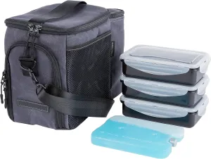 Evolutionize Meal Prep Bag - Full Meal Prep Lunch Box Management System includes Portion Control Meal Prep Containers   Ice Pack (3 Meal Insulated Cooler Bag, Black)