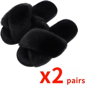 Evshine 2Pairs 4Pairs Women's Fuzzy Slippers Cross Band Memory Foam House Slippers Open Toe Indoor Outdoor Shoes
