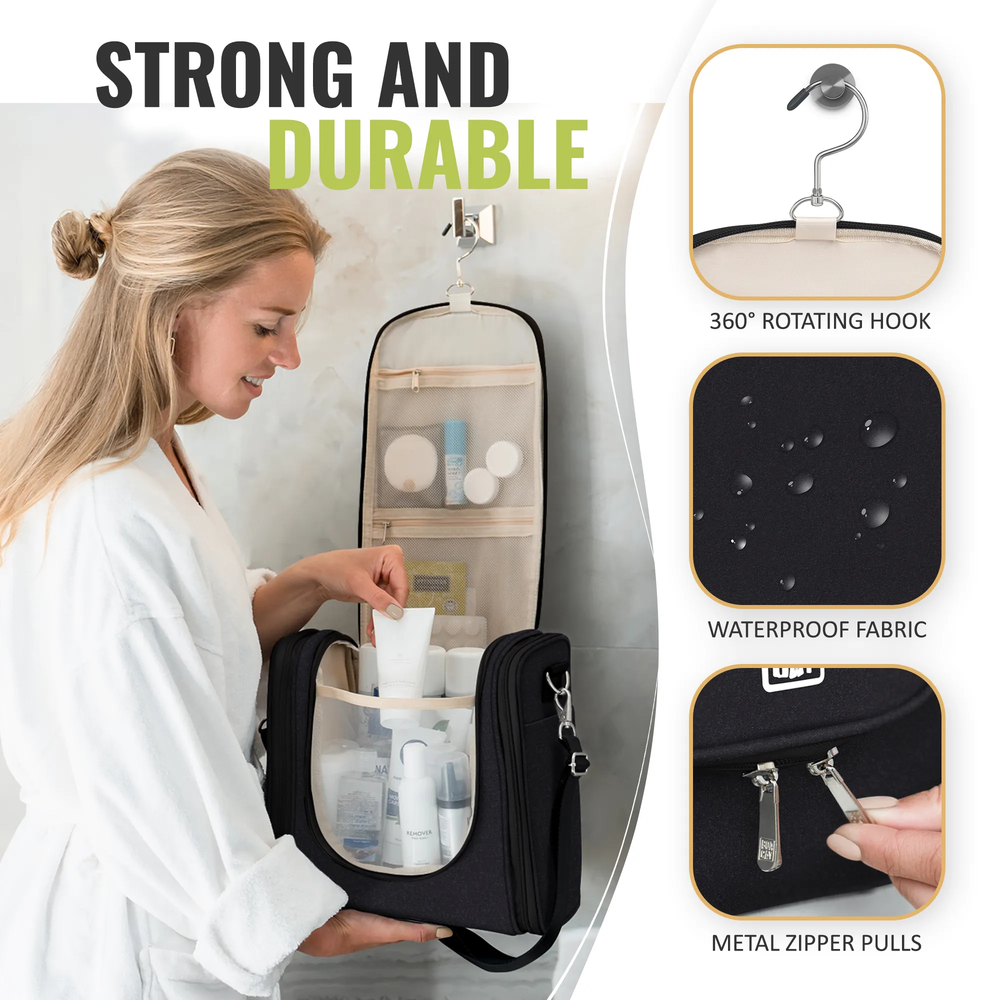 Extra-Large Collapsible Hanging Toiletry Bag - Sapphire Black (Beige Interior)