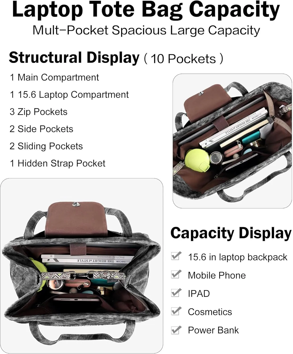 FADEON Large Laptop Tote Bag for Women Designer Leather Laptop Bag Fashion Travel Backpack Purse Shoulder Handbag