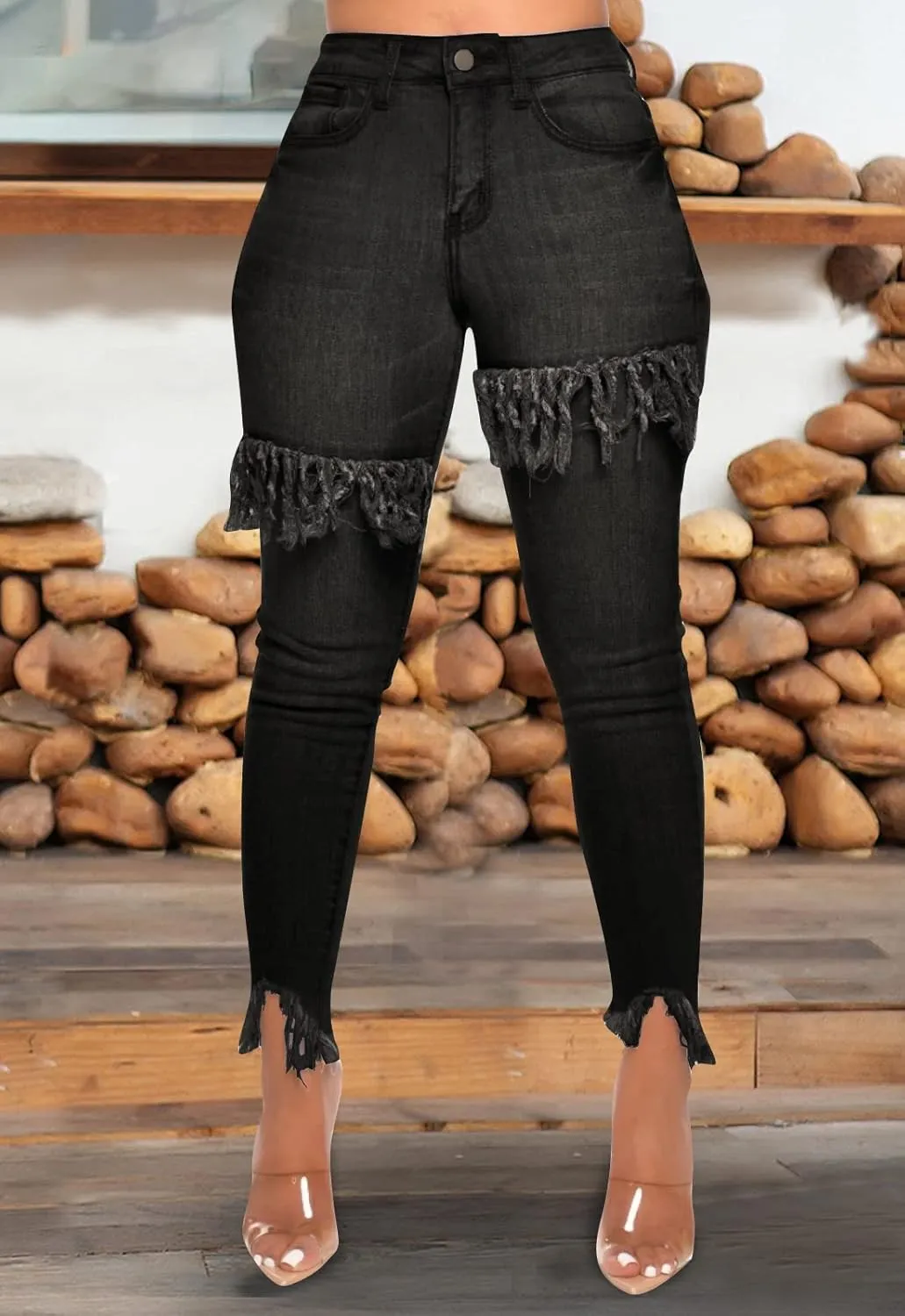 FairBeauty Women's Skinny Stretch Jeans Frayed Raw Hem Slim Fit Jeans Ripped Denim Pants