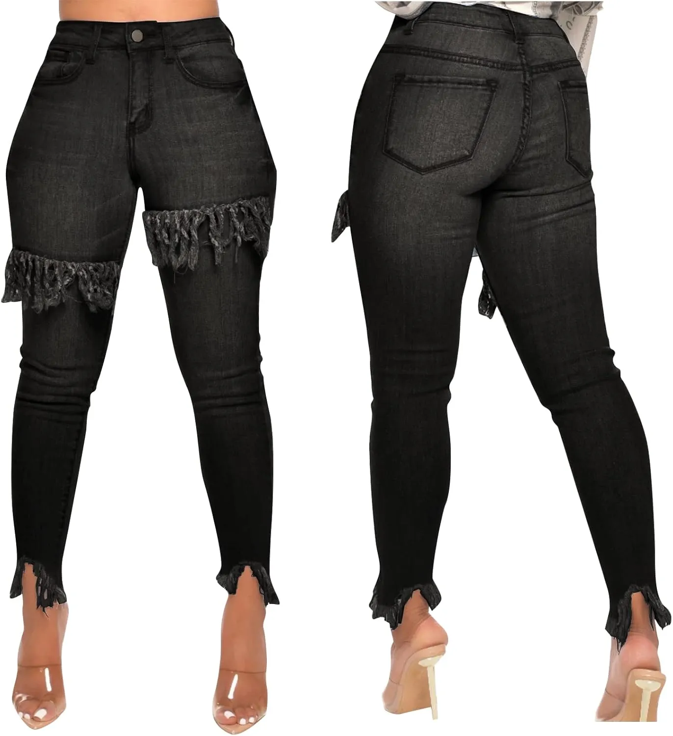 FairBeauty Women's Skinny Stretch Jeans Frayed Raw Hem Slim Fit Jeans Ripped Denim Pants