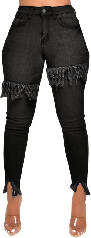 FairBeauty Women's Skinny Stretch Jeans Frayed Raw Hem Slim Fit Jeans Ripped Denim Pants