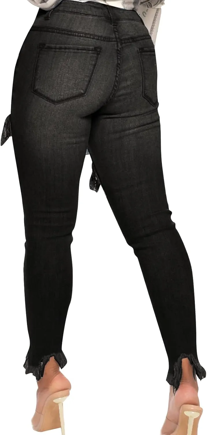 FairBeauty Women's Skinny Stretch Jeans Frayed Raw Hem Slim Fit Jeans Ripped Denim Pants