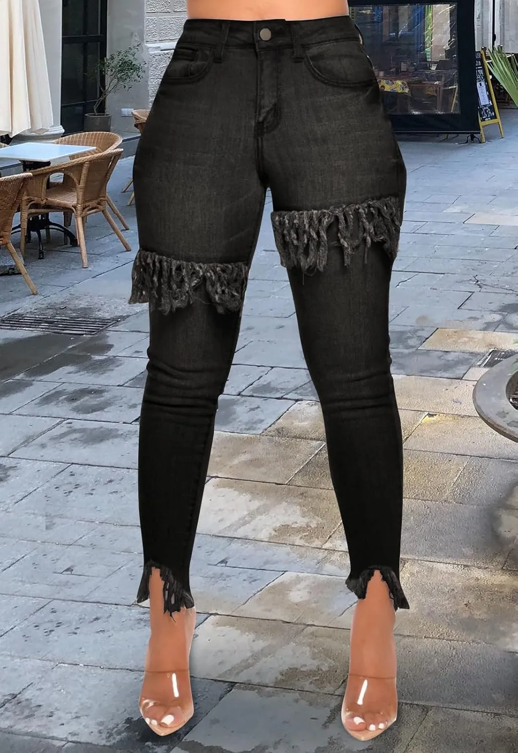 FairBeauty Women's Skinny Stretch Jeans Frayed Raw Hem Slim Fit Jeans Ripped Denim Pants