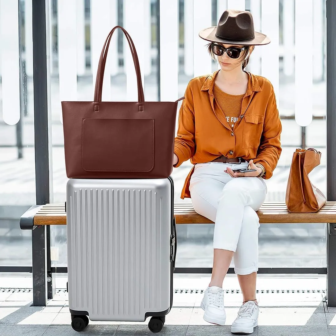 Fancy Forest Basic Tote Bag for Women Vegan Leather Hard - Stiff & Slim Shoulder Bag 18L Purse with Zipper for Work Travel