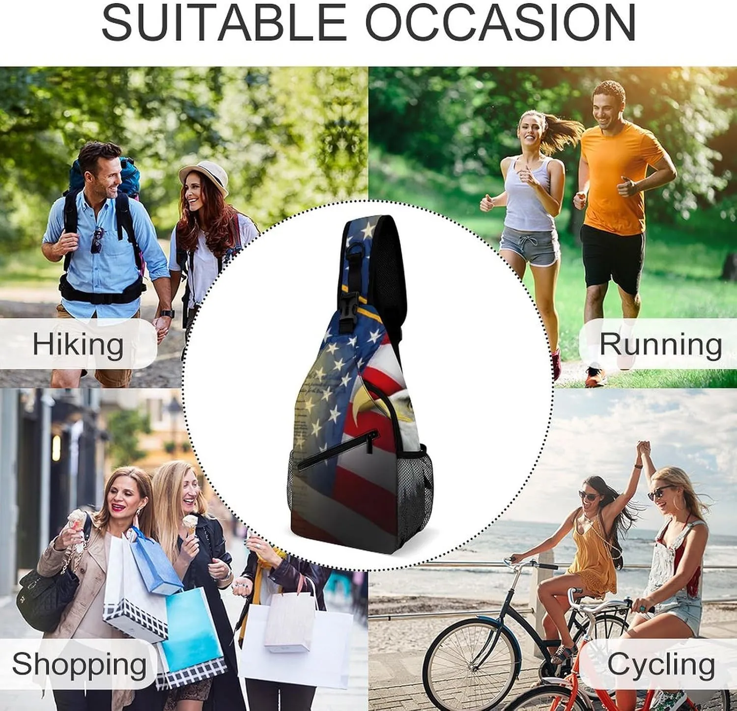 Fashion Sling Backpack, Rope Bag, for American Flag Patriotic Book Usa Bald Eagle Chest Pack Crossbody Bags, Tool Backpak, Gym Bags Sack Daypack Outdoor Backpack for Man Women Lady