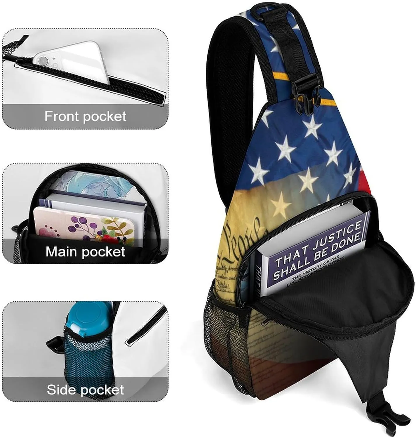 Fashion Sling Backpack, Rope Bag, for American Flag Patriotic Book Usa Bald Eagle Chest Pack Crossbody Bags, Tool Backpak, Gym Bags Sack Daypack Outdoor Backpack for Man Women Lady