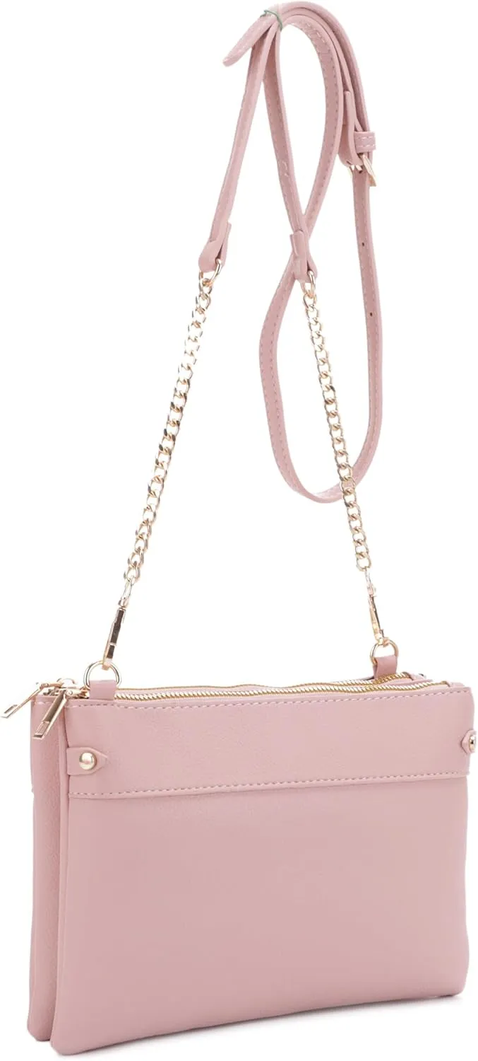 Faux Leather Crossbody Bag with Multiple Compartments, Detachable Chain Strap