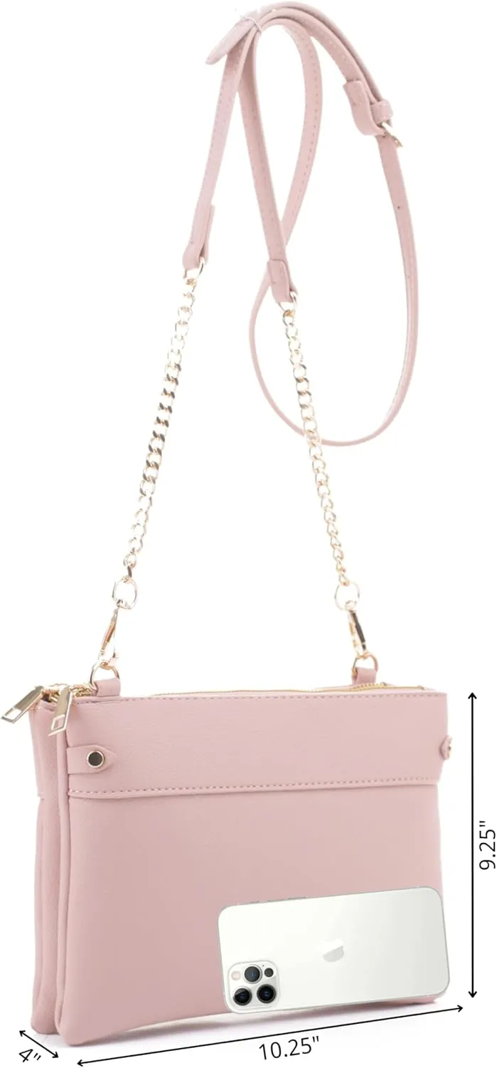 Faux Leather Crossbody Bag with Multiple Compartments, Detachable Chain Strap