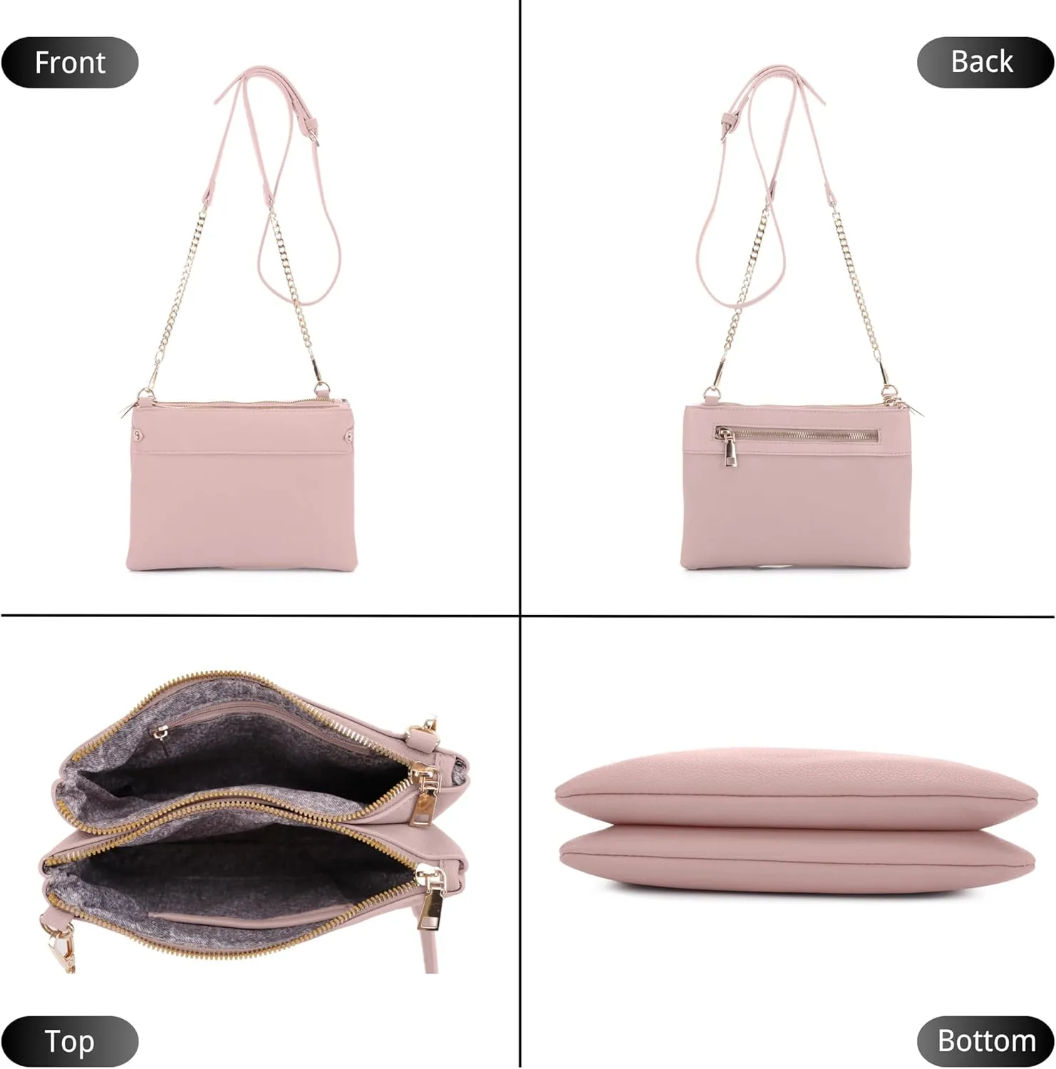 Faux Leather Crossbody Bag with Multiple Compartments, Detachable Chain Strap