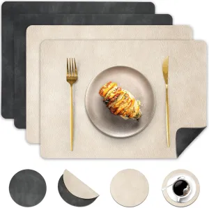 Faux Leather Placemats and Coasters Set of 4, Washable Reversible Placemats Cowhide Pattern Place Mats Waterproof Non-Slip Kitchen Dining Table Mats Drink Coasters (Gray Beige, 4)