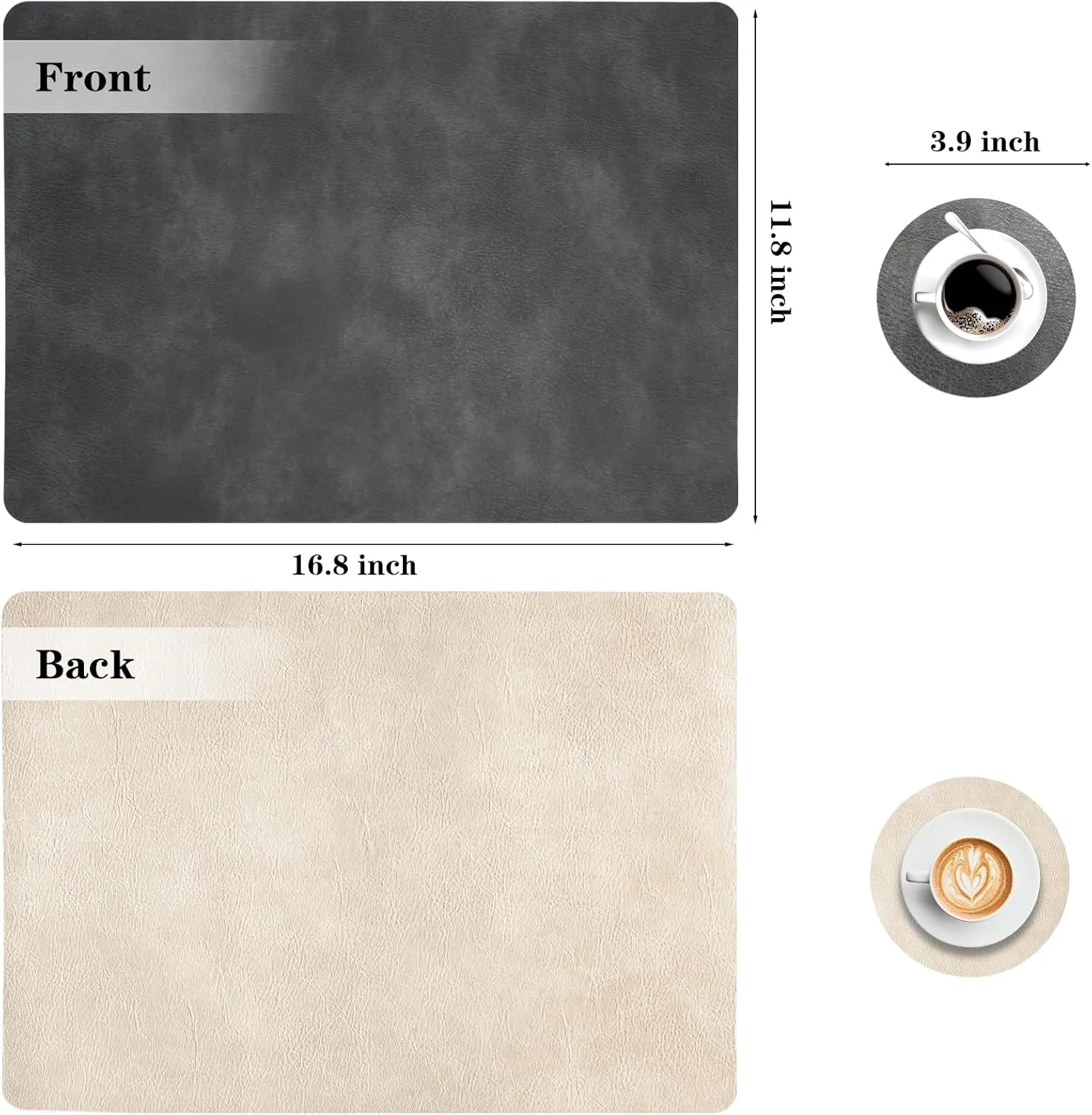 Faux Leather Placemats and Coasters Set of 4, Washable Reversible Placemats Cowhide Pattern Place Mats Waterproof Non-Slip Kitchen Dining Table Mats Drink Coasters (Gray Beige, 4)