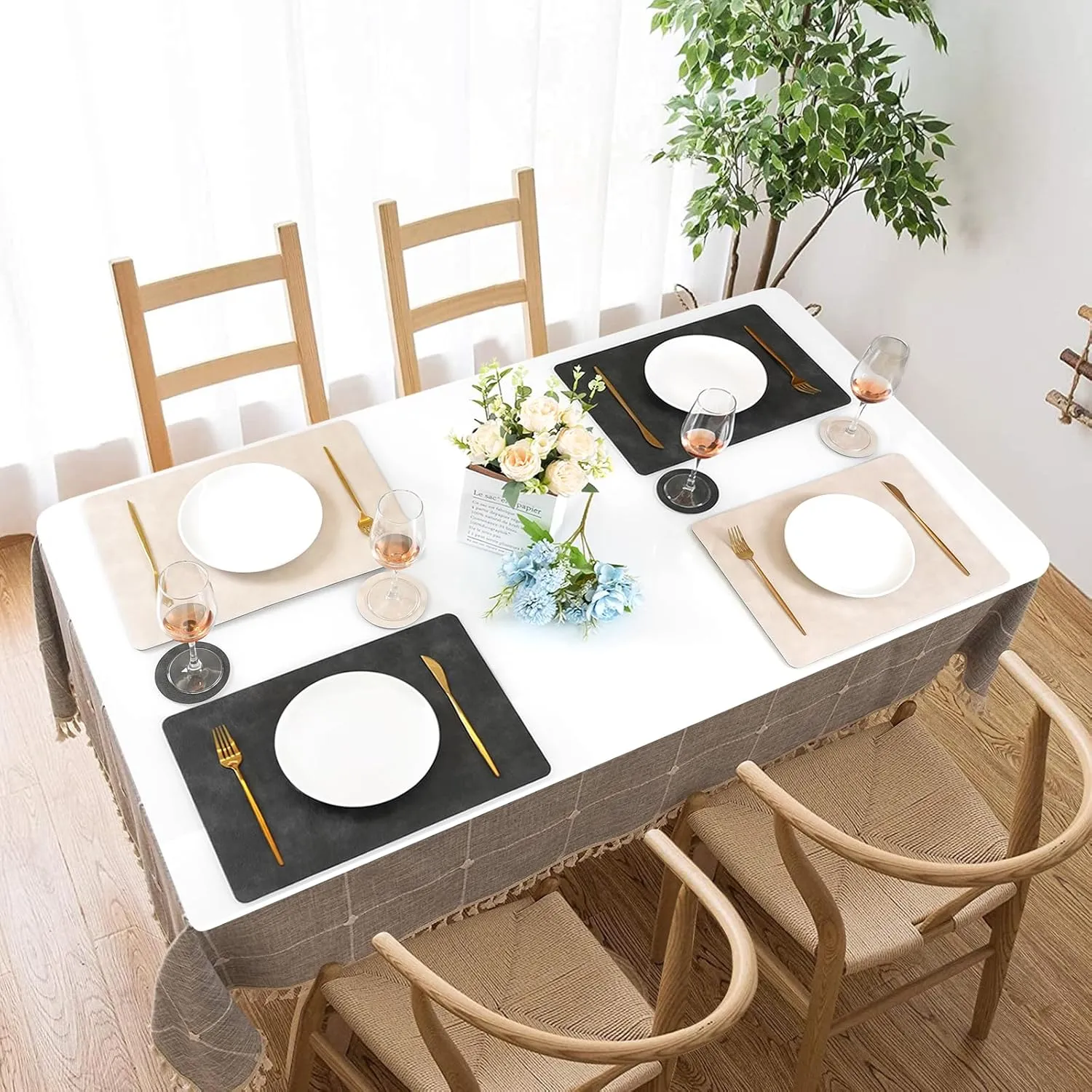 Faux Leather Placemats and Coasters Set of 4, Washable Reversible Placemats Cowhide Pattern Place Mats Waterproof Non-Slip Kitchen Dining Table Mats Drink Coasters (Gray Beige, 4)