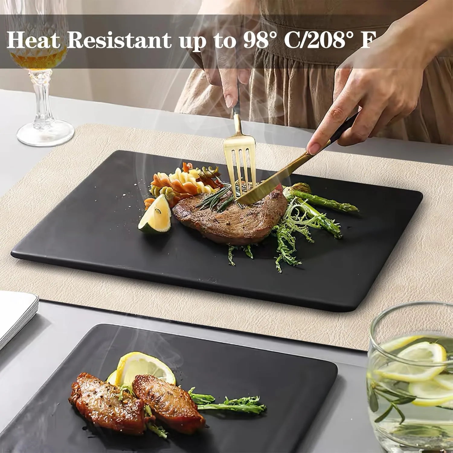 Faux Leather Placemats and Coasters Set of 4, Washable Reversible Placemats Cowhide Pattern Place Mats Waterproof Non-Slip Kitchen Dining Table Mats Drink Coasters (Gray Beige, 4)