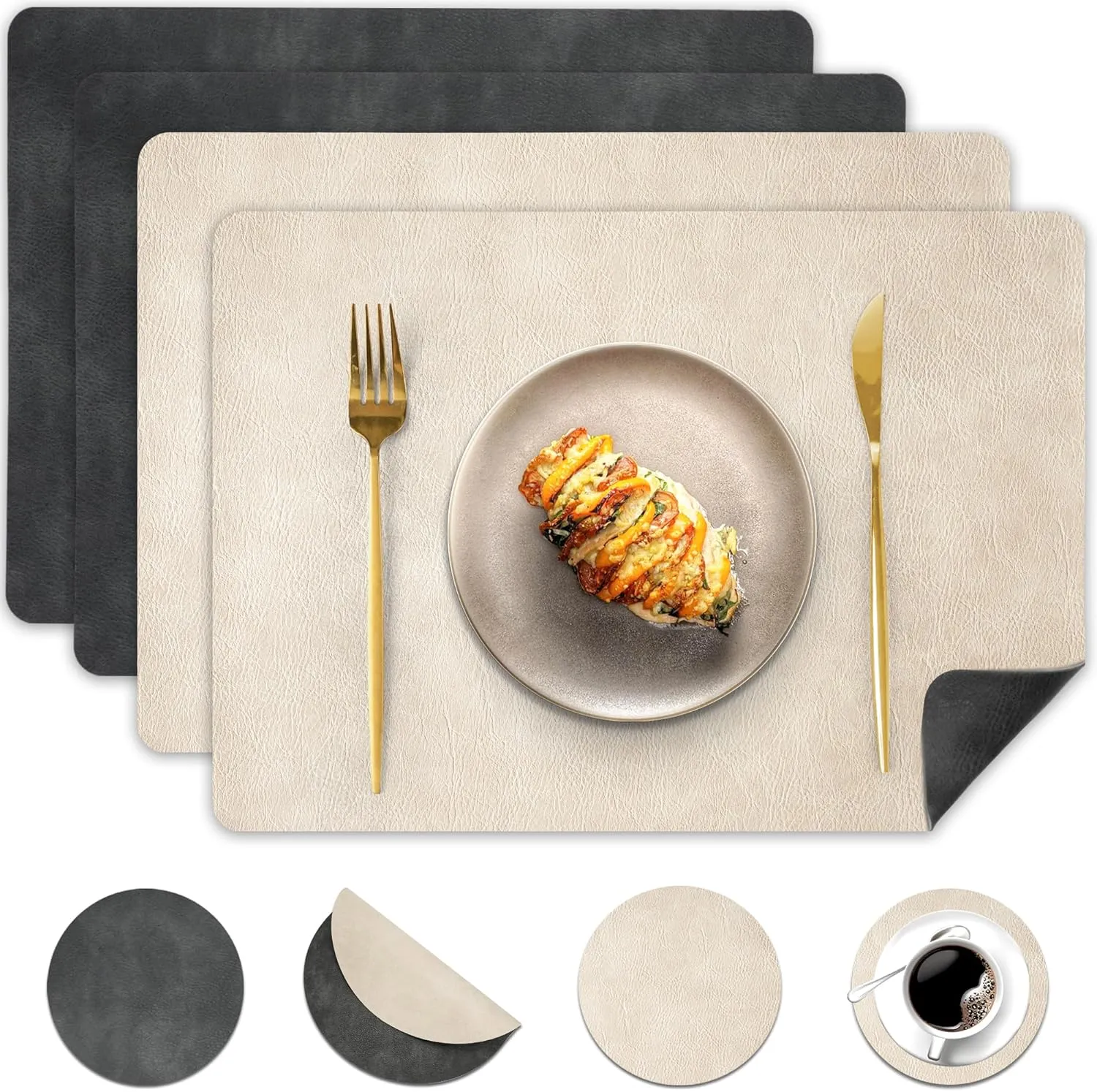 Faux Leather Placemats and Coasters Set of 4, Washable Reversible Placemats Cowhide Pattern Place Mats Waterproof Non-Slip Kitchen Dining Table Mats Drink Coasters (Gray Beige, 4)