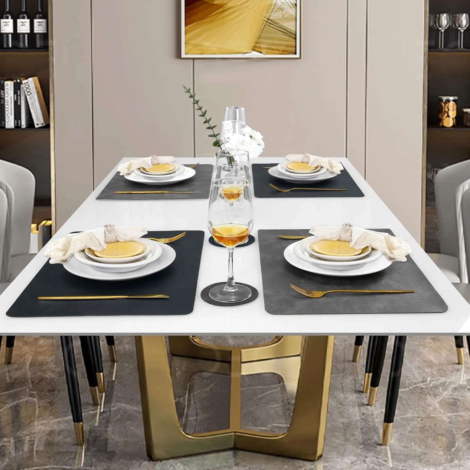 Faux Leather Placemats and Coasters, Washable Reversible Placemats Set of 4 Cowhide Pattern Place Mats Waterproof Non-Slip Kitchen Dining Table Mats Drink Coasters (Gray Dark Blue, 4)