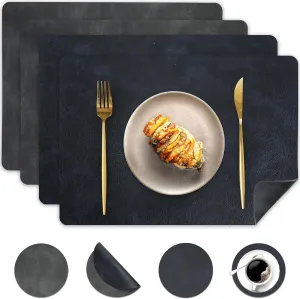 Faux Leather Placemats and Coasters, Washable Reversible Placemats Set of 4 Cowhide Pattern Place Mats Waterproof Non-Slip Kitchen Dining Table Mats Drink Coasters (Gray Dark Blue, 4)